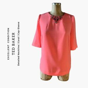 Ted Baker Short Sleeve Barbie Pink Blouse with Crystal Neckline Womens Size 2